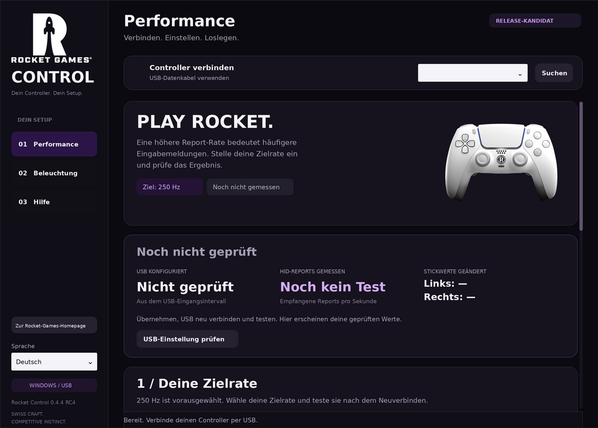 Illustration of the Rocket Control 0.4.4 RC4 interface with Performance, controller connection and separate measurement displays.